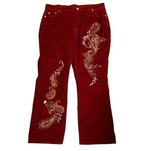 Denim 24/7 Paisley Embellished Beaded Red Corduroy ￼ Jeans Size 20W
